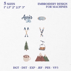Apres Ski Embroidery Design, Ski Lodge Mini Embroidery Designs, Winter Mountain Icons, Skis Chairlift Pine Tree Cozy Winter Stitch Files