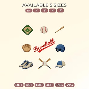 Può includere: Illustrazioni a tema baseball, tra cui un campo, una palla, una mazza, un guanto, un casco, scarpe, mazze incrociate e un berretto. La parola "Baseball" è scritta in rosso. Disponibile in 5 misure, da 3,8 cm a 12,7 cm.