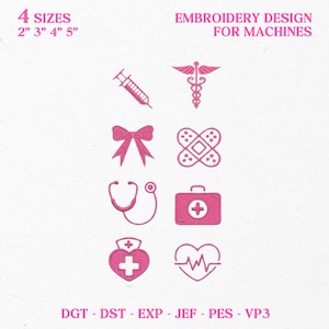 May include: Pink embroidery design for machines featuring medical symbols: syringe, caduceus, bow, bandage, stethoscope, first aid kit, heart with cross, and heartbeat. Includes sizes 2", 3", 4", and 5".