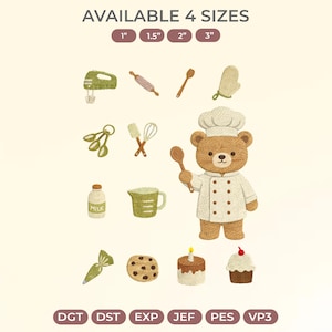 Pode incluir: Ilustração de um urso de pelúcia chef com elementos de panificação. Inclui uma batedeira, rolo, colheres de medição e um cupcake. O texto no topo diz "AVAILABLE 4 SIZES" com tamanhos de 2.5 cm a 7.6 cm. Outras ferramentas de panificação também são mostradas.