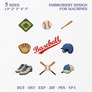 Puede incluir: Diseños de bordado con temática de béisbol, incluyendo un campo, pelota, bate, guante, casco, zapatos, bates cruzados y pelota, y una gorra. La palabra "Baseball" está escrita en rojo. Tamaños: 3.8cm, 5.1cm, 7.6cm, 10.2cm y 12.7cm.
