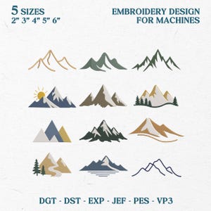 Op de afbeelding: Een borduurontwerp voor machines met negen bergillustraties in verschillende stijlen en kleuren. Het ontwerp is verkrijgbaar in vijf maten: 5 cm, 7.6 cm, 10.2 cm, 12.7 cm en 15.2 cm. De tekst "EMBROIDERY DESIGN FOR MACHINES" staat bovenaan.