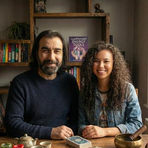 May include: A man and a woman sit at a wooden table with various spiritual tools. Items include tarot cards, candles, crystals, a singing bowl, and a book titled "Clairvoyant Energy Tools." A bookshelf filled with books is in the background.