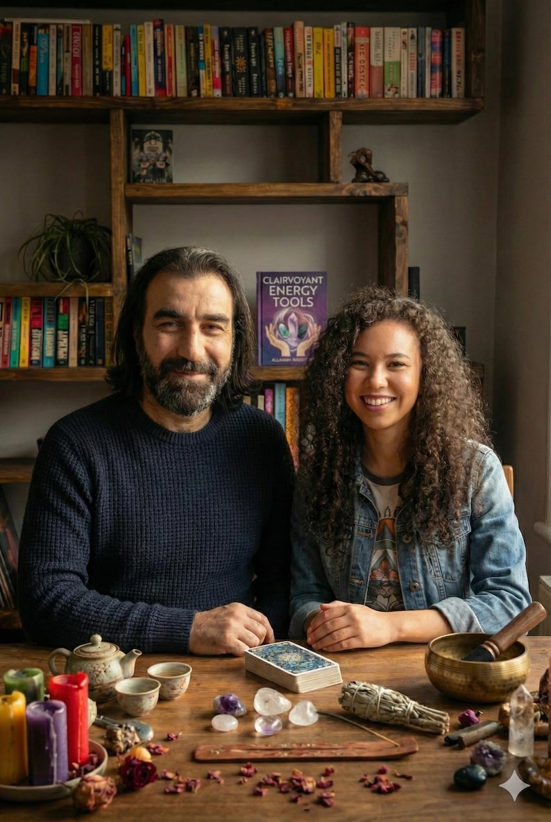 May include: A man and a woman sit at a wooden table with various spiritual tools. Items include tarot cards, candles, crystals, a singing bowl, and a book titled "Clairvoyant Energy Tools." A bookshelf filled with books is in the background.