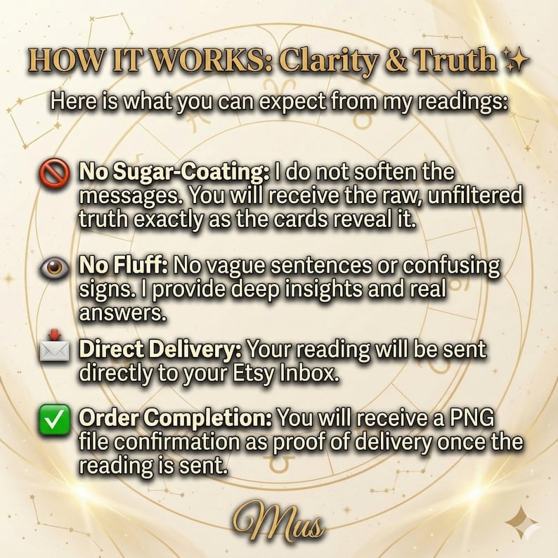 May include: A graphic with text that reads "HOW IT WORKS: Clarity & Truth." The text describes the reading process: no sugar-coating, no fluff, direct delivery to Etsy inbox, and order completion with a PNG file confirmation.
