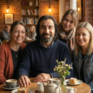 May include: Four people seated around a wooden table in a cafe. A teapot, cups, and plates with pastries are on the table. The background features a brick wall, bookshelves, and warm lighting, creating a cozy atmosphere.