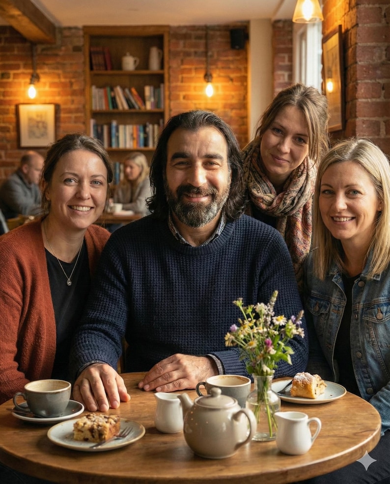 May include: Four people seated around a wooden table in a cafe. A teapot, cups, and plates with pastries are on the table. The background features a brick wall, bookshelves, and warm lighting, creating a cozy atmosphere.