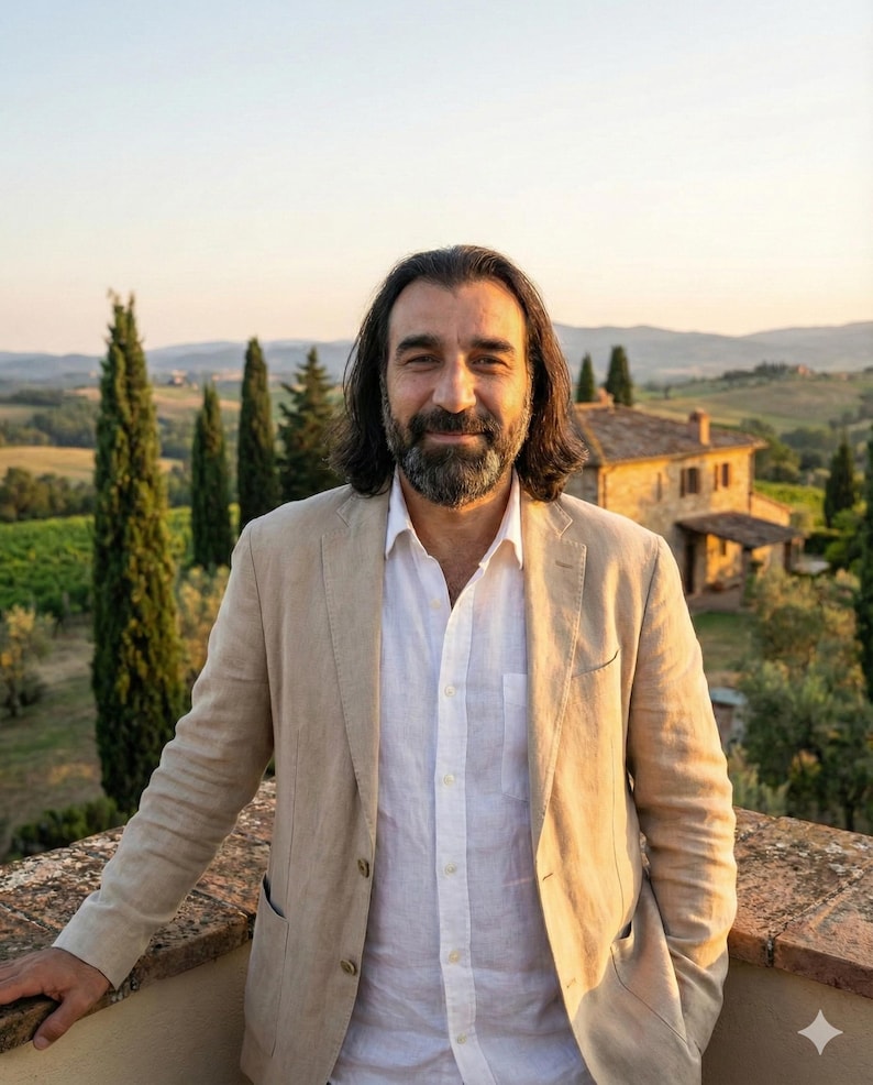 May include: A man wearing a beige linen blazer over a white button-down shirt, standing on a stone balcony. The background features a Tuscan landscape with cypress trees, a villa, and rolling hills under a warm sunset.