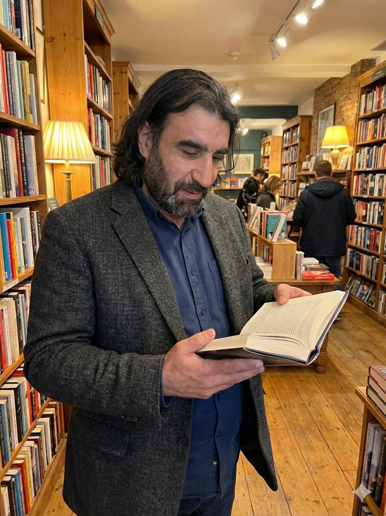May include: A man in a gray blazer and blue shirt reads a book in a bookstore. Bookshelves filled with books line the walls. The scene is illuminated by warm lighting from lamps and overhead fixtures.