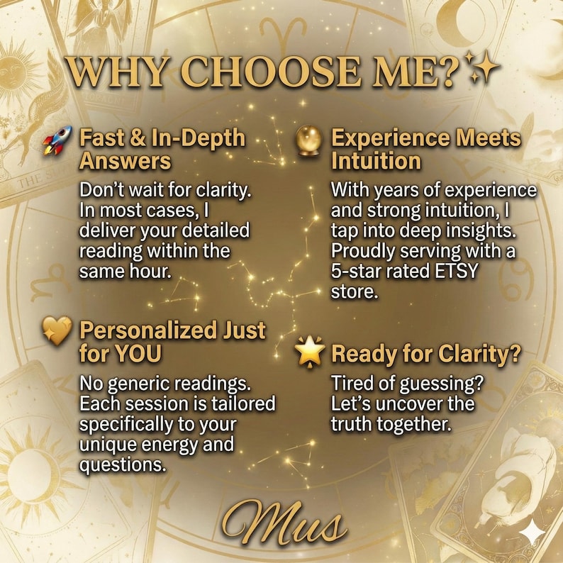 May include: A golden-toned graphic with text that reads "WHY CHOOSE ME?" and highlights the benefits of personalized readings. The image includes phrases like "Fast & In-Depth Answers" and "Experience Meets Intuition."