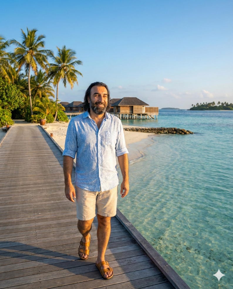 May include: A man wearing a light blue button-down shirt, khaki shorts, and brown sandals walks on a wooden boardwalk. The boardwalk leads to a beach with palm trees and overwater bungalows. The water is clear and turquoise.