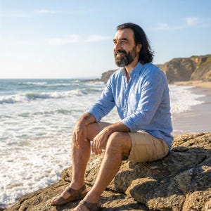 May include: A person wearing a blue button-down shirt, khaki shorts, and brown sandals sits on a rock near the ocean. The person is looking towards the ocean with a smile. The background includes the ocean, beach, and cliffs.