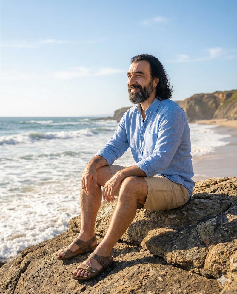 May include: A person wearing a blue button-down shirt, khaki shorts, and brown sandals sits on a rock near the ocean. The person is looking towards the ocean with a smile. The background includes the ocean, beach, and cliffs.