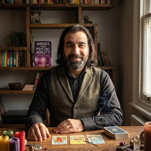 May include: A man sits at a wooden table with tarot cards, candles, and crystals. A book titled "Awake Your Psychic Ability" is visible on a shelf behind him. Incense is burning, and the man is smiling.