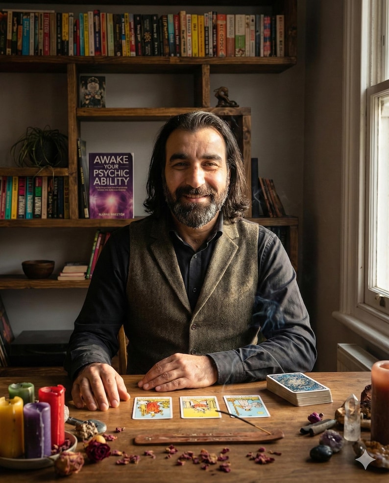 May include: A man sits at a wooden table with tarot cards, candles, and crystals. A book titled "Awake Your Psychic Ability" is visible on a shelf behind him. Incense is burning, and the man is smiling.
