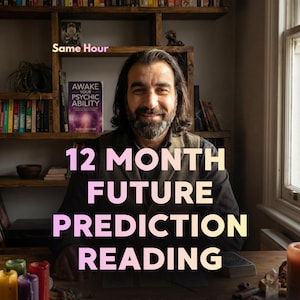 Pode incluir: Um homem sorrindo em frente a uma mesa de madeira com o texto "12 MONTH FUTURE PREDICTION READING". A imagem inclui um livro intitulado "Awake Your Psychic Ability" e várias velas e cristais.