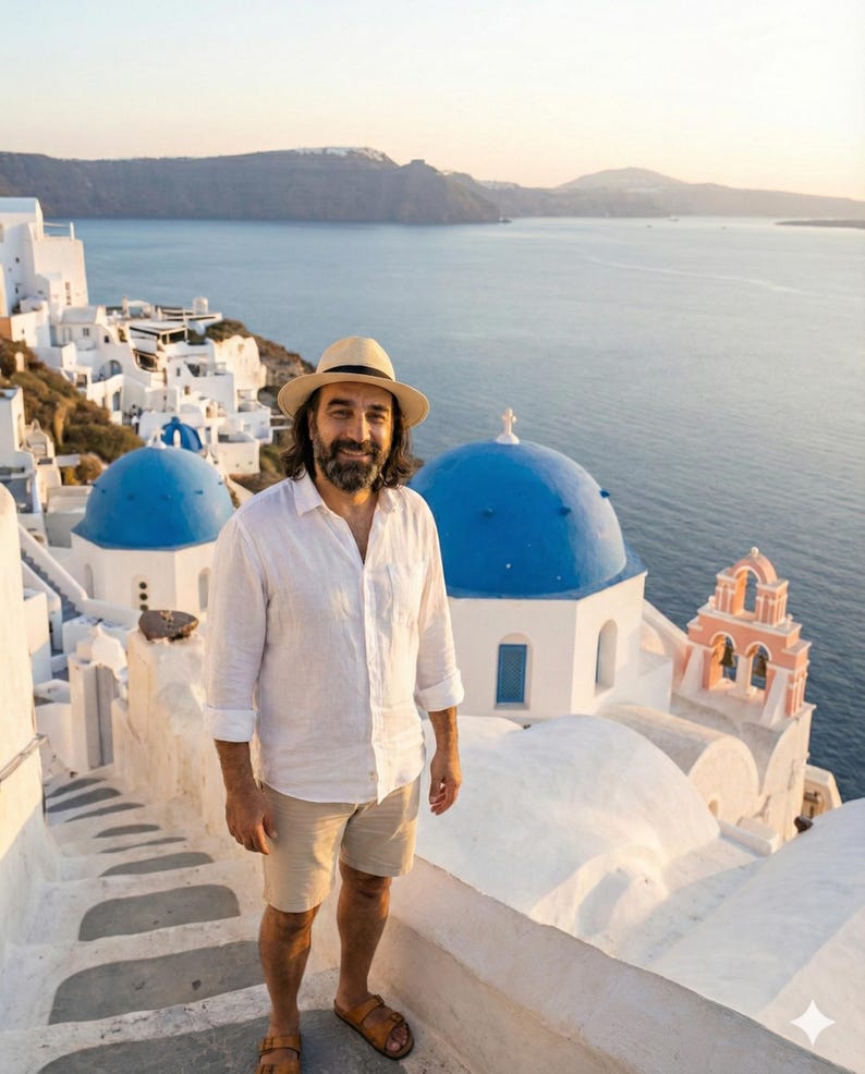May include: A man wearing a white button-down shirt, tan shorts, and a straw hat stands on a white building with blue-domed roofs. The background features a calm sea and a mountain range under a clear sky. The architecture is typical of the Greek islands.