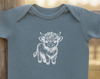 Vintage Baby Highland Cow Illustration Bodysuit – Hand-Inked Farm Animal Onesie