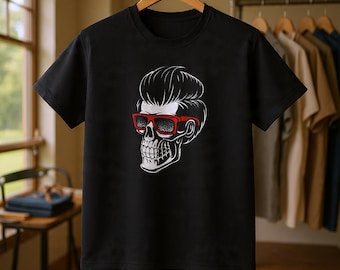 Pompadour Skull T-Shirt | Retro Skeleton with Red Sunglasses