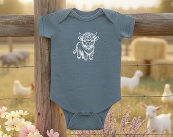 Vintage Baby Highland Cow Illustration Bodysuit – Hand-Inked Farm Animal Onesie