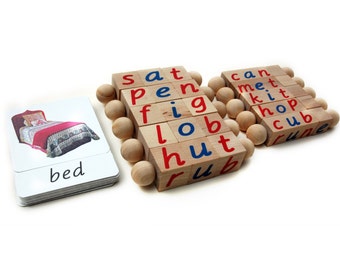 Entire Set, Montessori Phonetic and Silent E Reading Blocks and Matching 3-Part Cards - Eco Friendly Educational Series