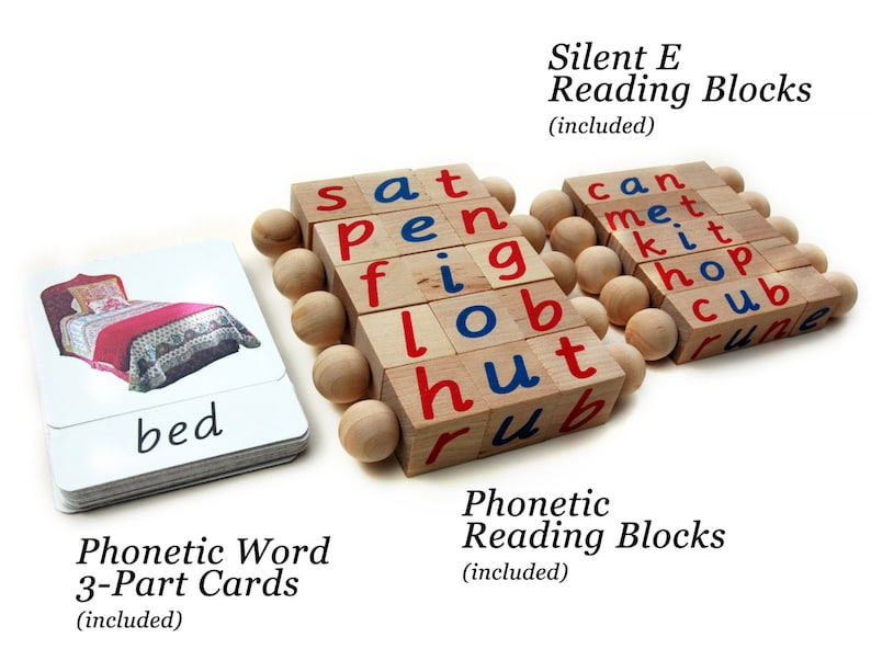 The Complete Phonics Learn to Read Set by Quality Montessori Includes Phonetic and Silent E Reading Blocks and 3-Part Nomenclature Cards image 8