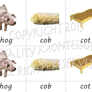 PDF-fonetisch woord 3-delige CVC-woordkaarten in gedrukte vorm, cursief en d'nealisch lettertype - Montessori-lezer voor beginners - nomenclatuurkaarten
