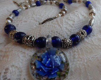 Blooming Blue Flower Glass Pendant Necklace