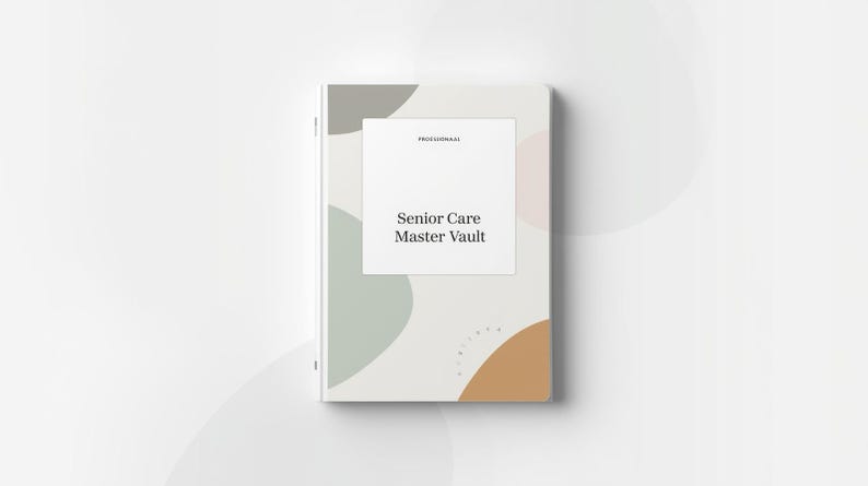 Peut inclure: Un cahier intitul&eacute; "Senior Care Master Vault" avec une couverture blanche et des formes abstraites grises, vertes et marron. Le cahier comporte une &eacute;tiquette carr&eacute;e blanche avec le titre en texte noir. Le mot "PROFESSIONAL" est au-dessus du titre.