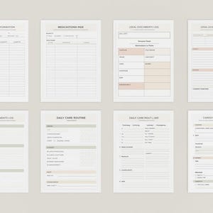 Peut inclure: Pr&eacute;sentation de huit pages de planificateur imprimables, avec des titres tels que &laquo; Informations d'urgence &raquo; et &laquo; Journal des m&eacute;dicaments &raquo;. Les pages sont beige clair avec des mises en page simples et organis&eacute;es, avec des lignes et des cases.