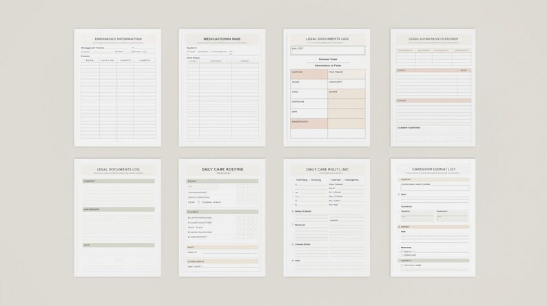 Peut inclure: Pr&eacute;sentation de huit pages de planificateur imprimables, avec des titres tels que &laquo; Informations d'urgence &raquo; et &laquo; Journal des m&eacute;dicaments &raquo;. Les pages sont beige clair avec des mises en page simples et organis&eacute;es, avec des lignes et des cases.