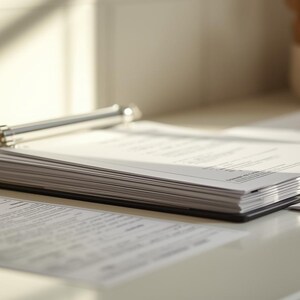 Peut inclure: Une pile de documents en papier blanc dans un classeur noir avec un clip argent&eacute;, reposant sur une surface blanche. D'autres documents sont &eacute;parpill&eacute;s autour du classeur. Un r&eacute;cipient beige cylindrique est &agrave; gauche.