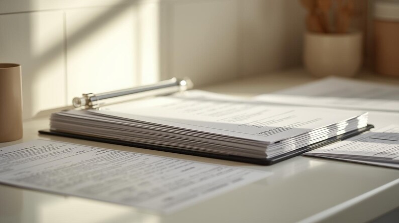 Peut inclure: Une pile de documents en papier blanc dans un classeur noir avec un clip argent&eacute;, reposant sur une surface blanche. D'autres documents sont &eacute;parpill&eacute;s autour du classeur. Un r&eacute;cipient beige cylindrique est &agrave; gauche.