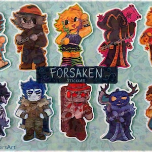 May include: A collection of ten die-cut stickers featuring stylised cartoon characters with diverse outfits and accessories. A central rectangular label displays the text FORSAKEN STICKERS in white capital letters against a dark background.