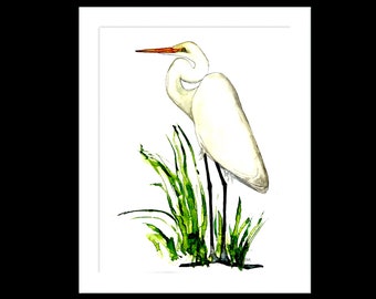 Egret bird, fine art painting:  minimalist beach house decor