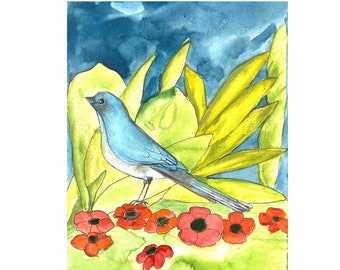 Original wall art, hand painted, one-of-a-kind watercolor, blue bird painting, nature wall art