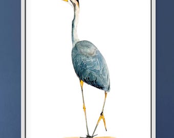 Blue Heron Bird Watercolor Print, Coastal Wall Art, Beach House Decor