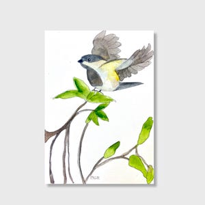 Chickadee bird art watercolor print, neutral wall decor
