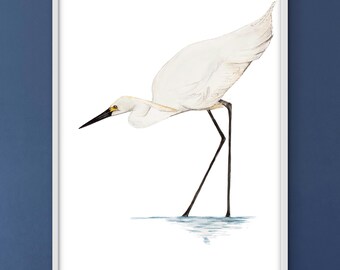 White Egret Bird Wall Art, Minimalist Beach House Decor