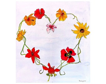 Romantic Floral Heart Painting, Original Watercolor Art, Love Wall Decor