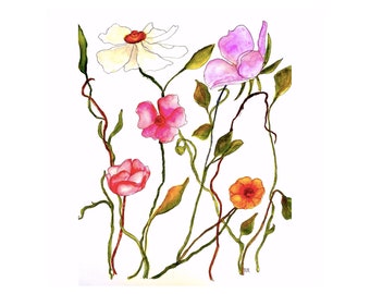 Colorful floral wall art, watercolor painting, minimalist wall art, fine art