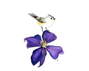 Original watercolor, one-of-a-kind painting, titmouse bird, purple floral watercolor, gift for mom