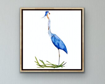 Blue Heron watercolor painting - minimalist beach house decor