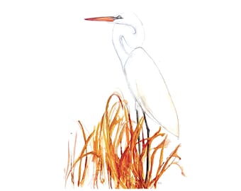 Egret watercolor painting: minimalist beach house decor