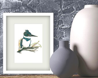 Belted Kingfisher Art Print, 5x7 Watercolor Bird Painting