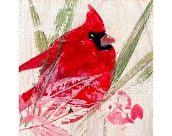 One-of-a-kind mixed media, red cardinal bird, original painting on wood, unique nature gift