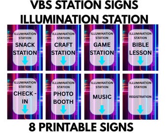 VBS Signs Bundle Printable | 8 Neon Church Directional Signs | Kids Ministry Decor Set | Digital Download