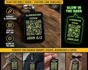 Glow in Dark Custom QR Code Keychain | John 8:12 Scripture Link
