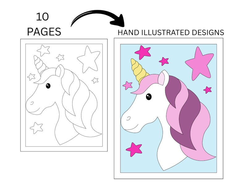 10 Unicorn Coloring Pages for Kids or Adults, Hand-illustrated Designs ...