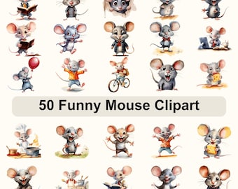 Funny Mouse Clipart Bundle | 50 Cute Cartoon Mice PNGs | Quirky Animal Art for Nursery Decor, Digital Download, Commercial Use Included.